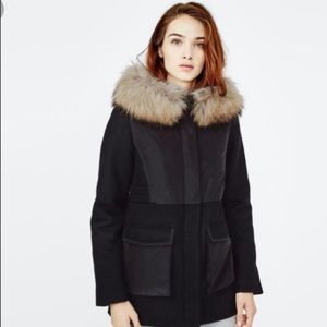 MAJE Wool Nylon Blend Jacket Parka Coat Fur Collar